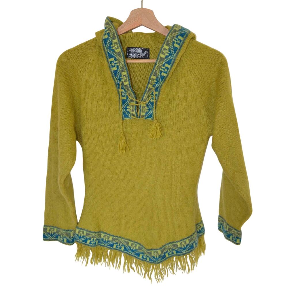 Y2K Chartreuse Alpaca Hooded Fringe Sweater Size X Small